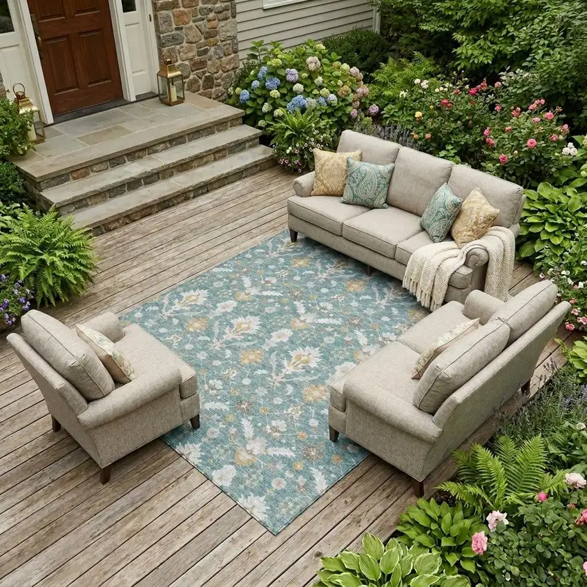 Teal Blue And Silver Oriental Washable Indoor Outdoor Area Rug Photo 1