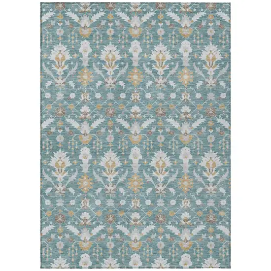 Teal Blue And Silver Oriental Washable Indoor Outdoor Area Rug Photo 2