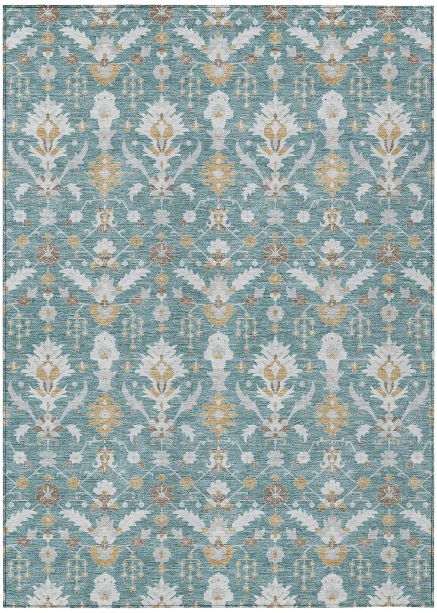 Teal Blue And Silver Oriental Washable Indoor Outdoor Area Rug Photo 2