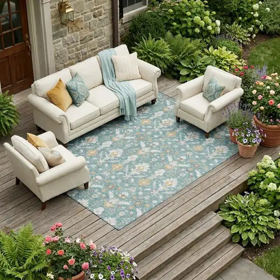 Teal Blue And Silver Oriental Washable Indoor Outdoor Area Rug Photo 1