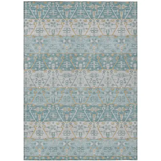 Teal Blue And Silver Oriental Washable Indoor Outdoor Area Rug Photo 2