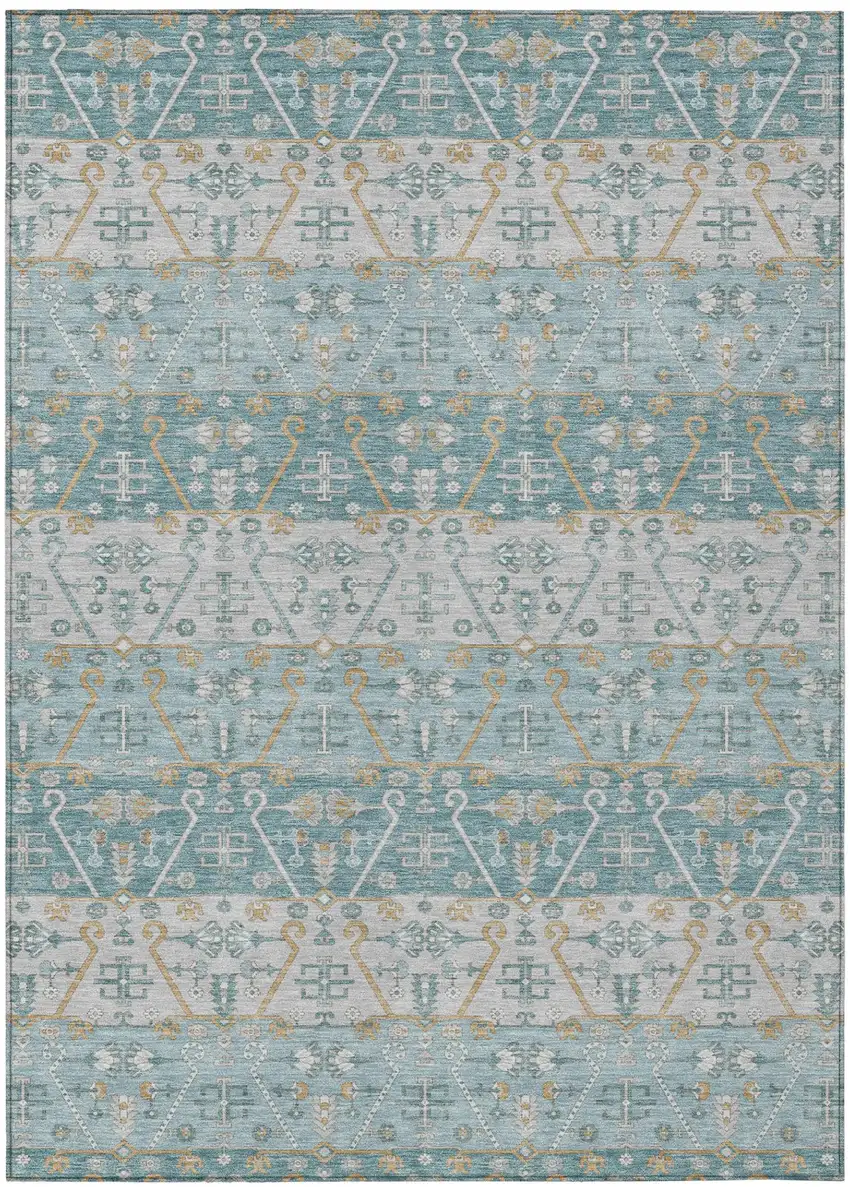 Teal Blue And Silver Oriental Washable Indoor Outdoor Area Rug Photo 2