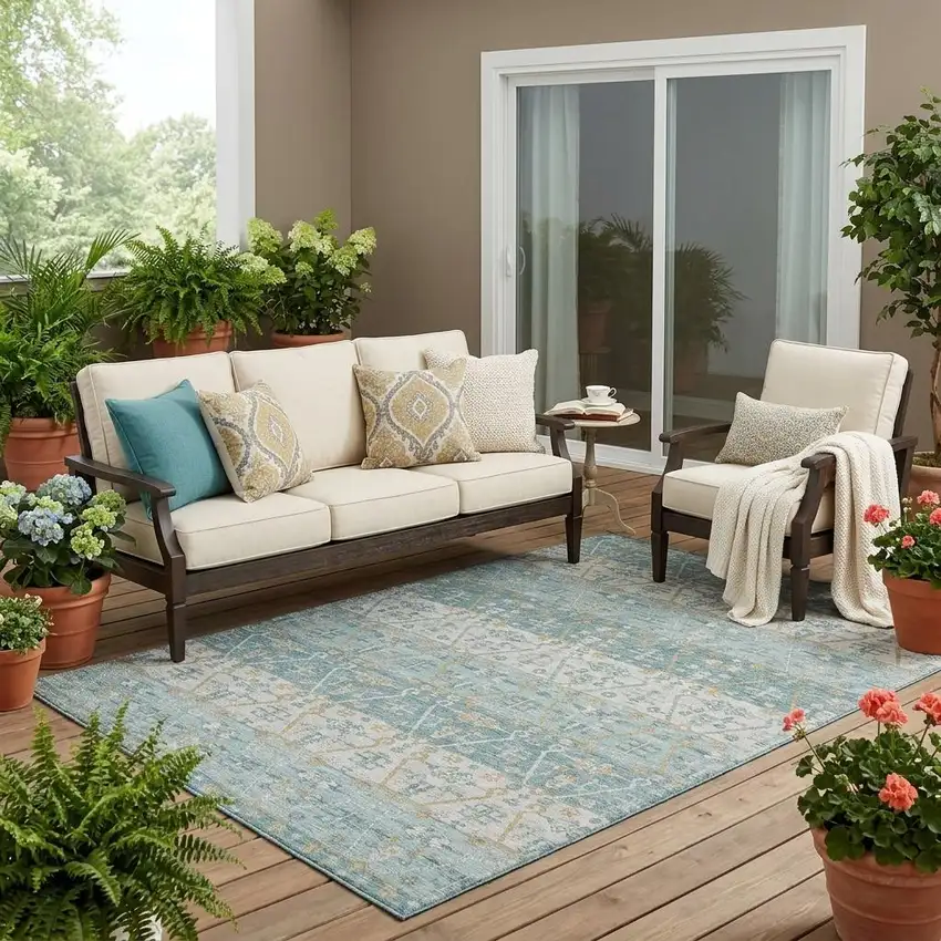 Teal Blue And Silver Oriental Washable Indoor Outdoor Area Rug Photo 1