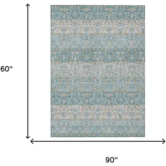 Teal Blue And Silver Oriental Washable Indoor Outdoor Area Rug Photo 5