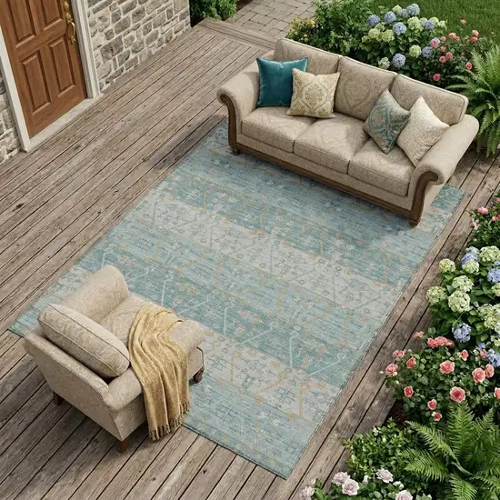 Teal Blue And Silver Oriental Washable Indoor Outdoor Area Rug Photo 1