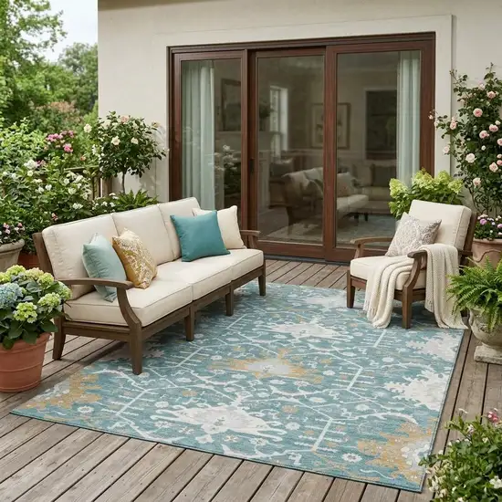 Teal Blue And Silver Oriental Washable Indoor Outdoor Area Rug Photo 1