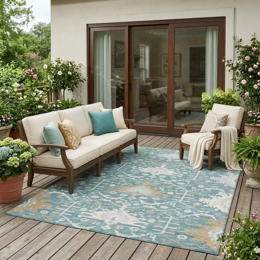 Teal Blue And Silver Oriental Washable Indoor Outdoor Area Rug Photo 1