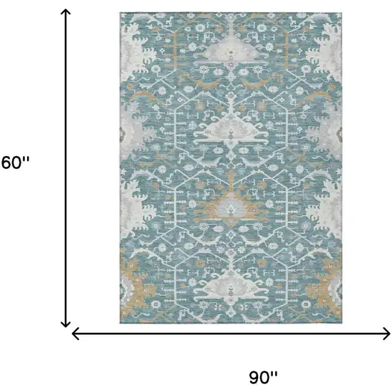 Teal Blue And Silver Oriental Washable Indoor Outdoor Area Rug Photo 5