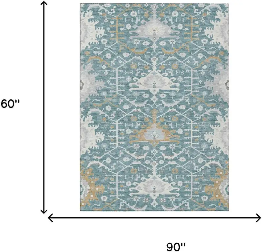 Teal Blue And Silver Oriental Washable Indoor Outdoor Area Rug Photo 5