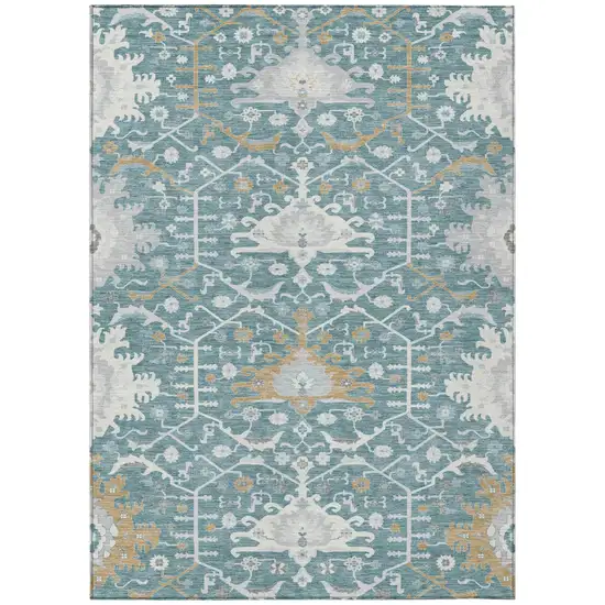 Teal Blue And Silver Oriental Washable Indoor Outdoor Area Rug Photo 2