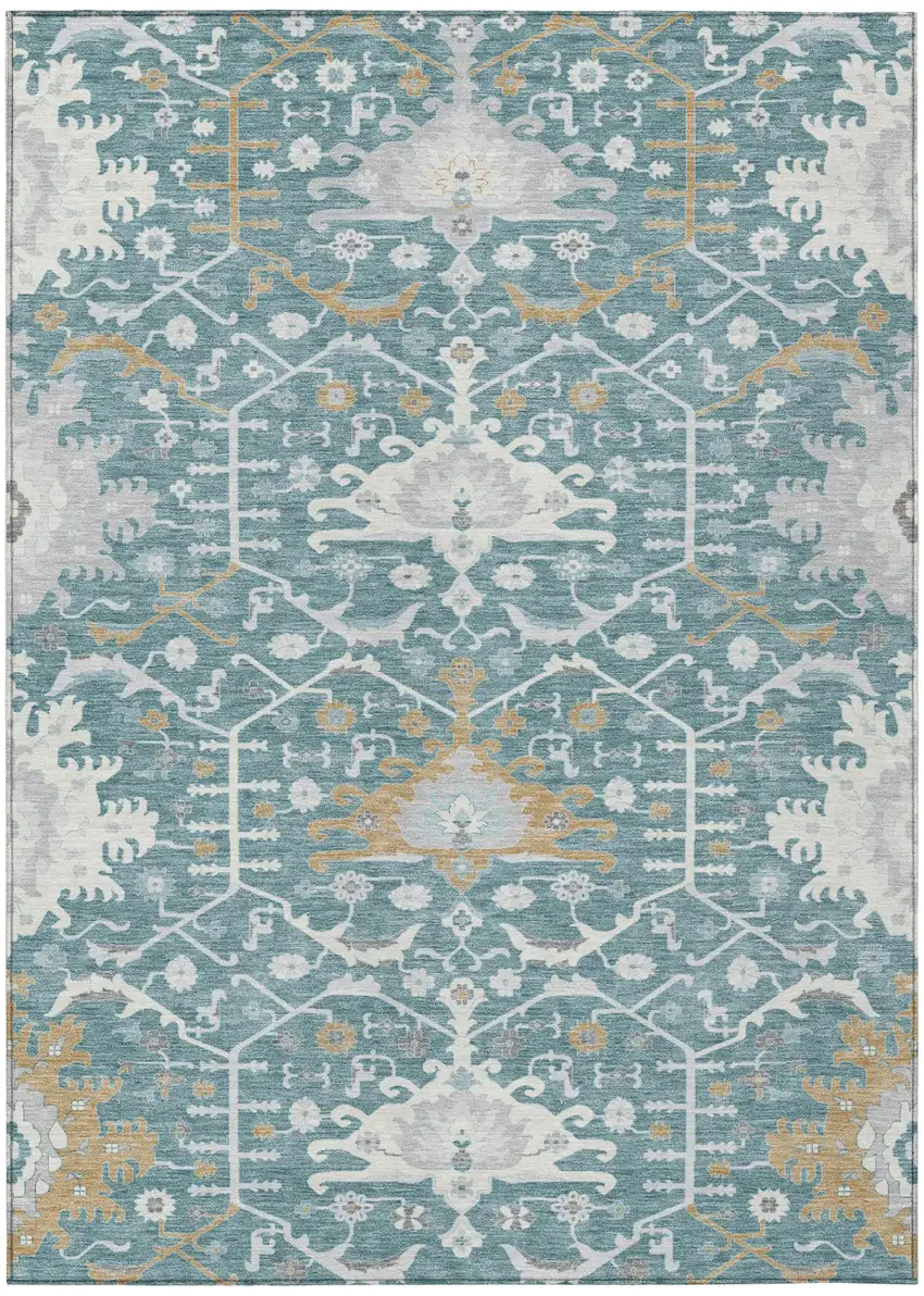 Teal Blue And Silver Oriental Washable Indoor Outdoor Area Rug Photo 2