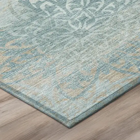 Teal Blue And Silver Oriental Washable Indoor Outdoor Area Rug Photo 4