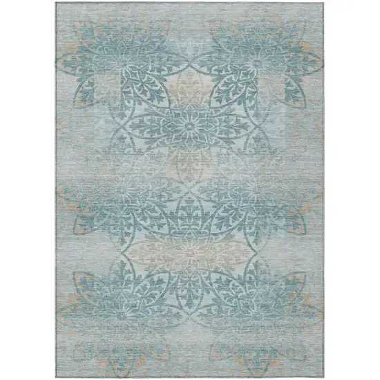 Teal Blue And Silver Oriental Washable Indoor Outdoor Area Rug Photo 2
