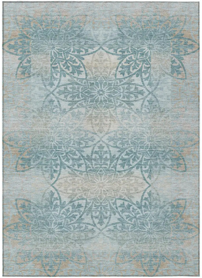 Teal Blue And Silver Oriental Washable Indoor Outdoor Area Rug Photo 2