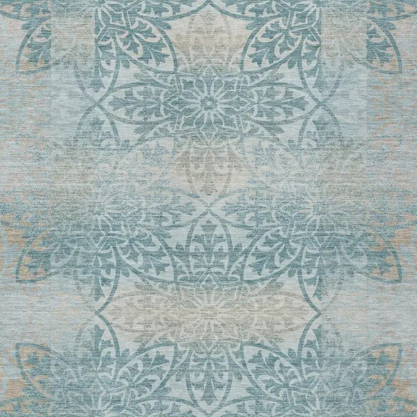 Teal Blue And Silver Oriental Washable Indoor Outdoor Area Rug Photo 1
