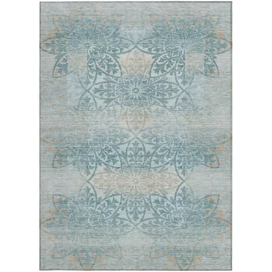 Teal Blue And Silver Oriental Washable Indoor Outdoor Area Rug Photo 3