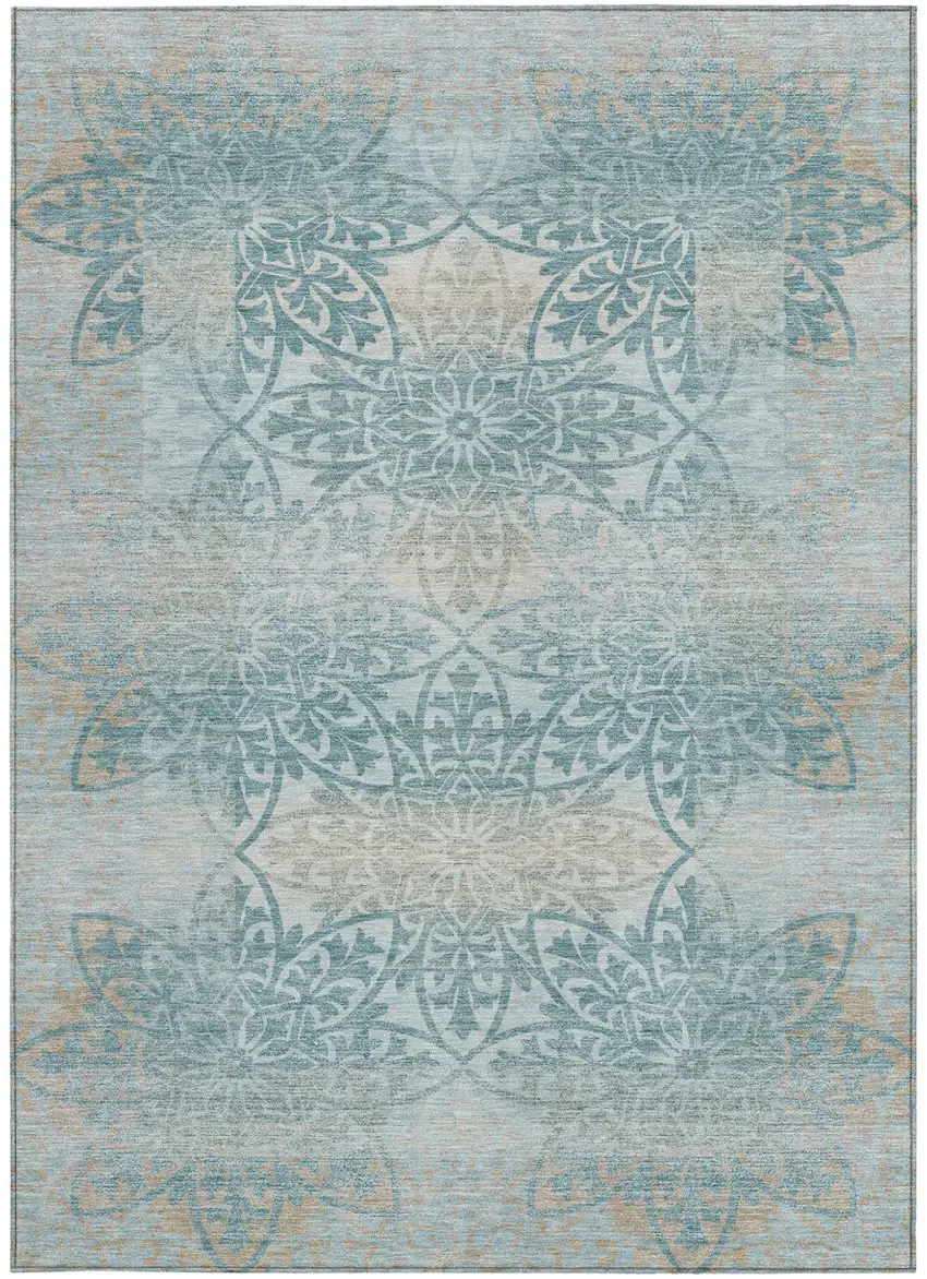 Teal Blue And Silver Oriental Washable Indoor Outdoor Area Rug Photo 3