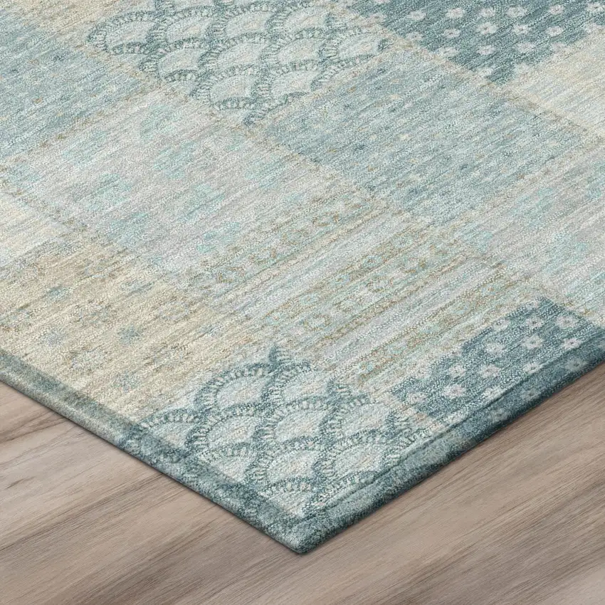 Teal Blue And Silver Patchwork Washable Indoor Outdoor Area Rug Photo 4
