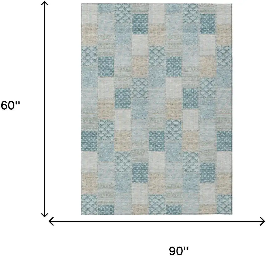 Teal Blue And Silver Patchwork Washable Indoor Outdoor Area Rug Photo 6