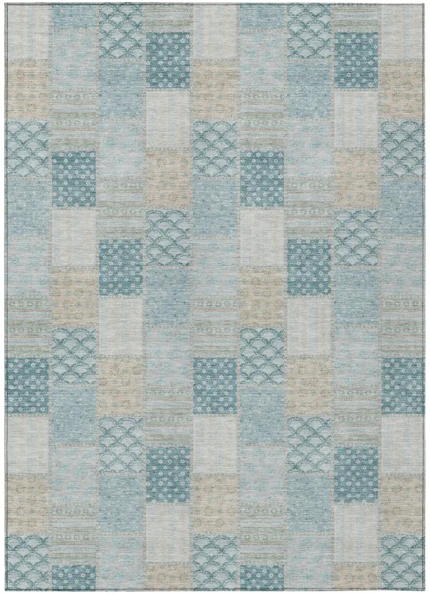 Teal Blue And Silver Patchwork Washable Indoor Outdoor Area Rug Photo 2