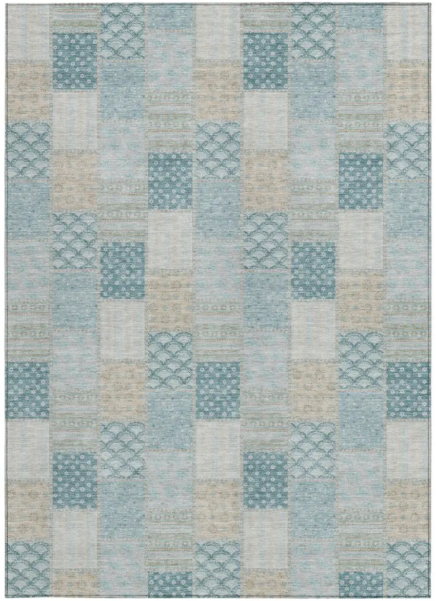 Teal Blue And Silver Patchwork Washable Indoor Outdoor Area Rug Photo 3