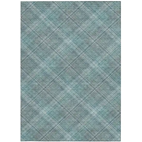 Teal Blue And Silver Plaid Washable Indoor Outdoor Area Rug Photo 2