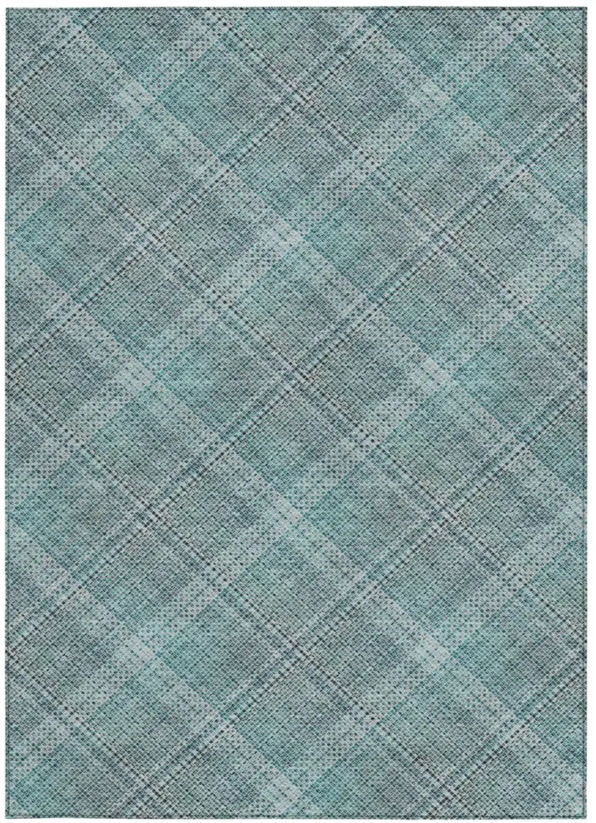 Teal Blue And Silver Plaid Washable Indoor Outdoor Area Rug Photo 2