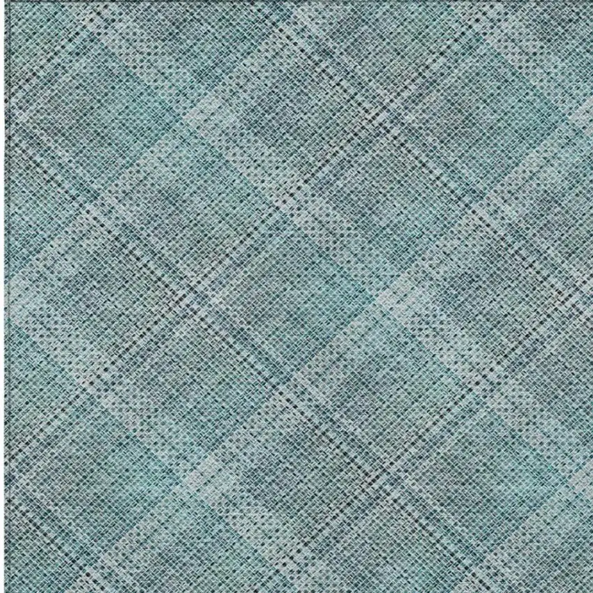 Teal Blue And Silver Plaid Washable Indoor Outdoor Area Rug Photo 8