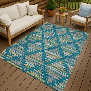 Photo of Teal Blue And Silver Southwestern Washable Indoor Outdoor Area Rug