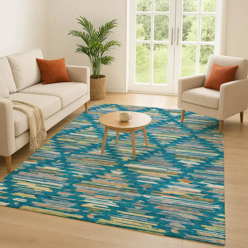 Teal Blue And Silver Southwestern Washable Indoor Outdoor Area Rug Photo 5