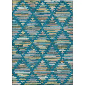 Photo of Teal Blue And Silver Southwestern Washable Indoor Outdoor Area Rug