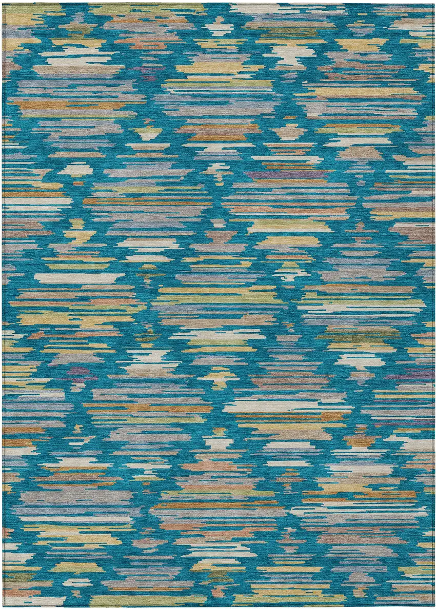 Teal Blue And Silver Southwestern Washable Indoor Outdoor Area Rug Photo 1