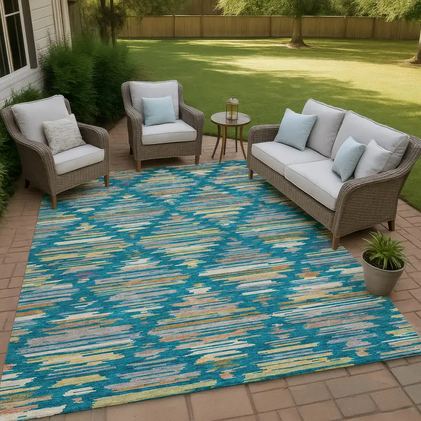 Teal Blue And Silver Southwestern Washable Indoor Outdoor Area Rug Photo 4