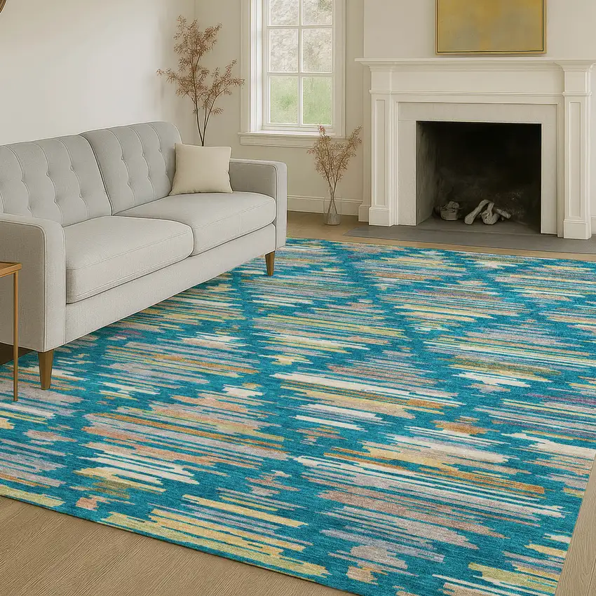 Teal Blue And Silver Southwestern Washable Indoor Outdoor Area Rug Photo 6