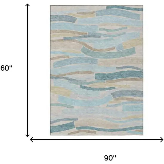 Teal Blue And Silver Striped Washable Indoor Outdoor Area Rug Photo 5