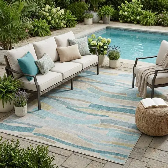 Teal Blue And Silver Striped Washable Indoor Outdoor Area Rug Photo 1