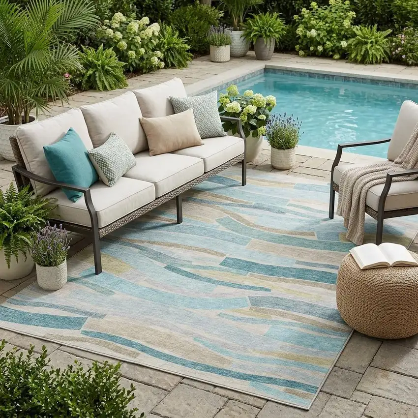 Teal Blue And Silver Striped Washable Indoor Outdoor Area Rug Photo 1