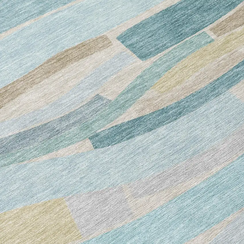 Teal Blue And Silver Striped Washable Indoor Outdoor Area Rug Photo 4
