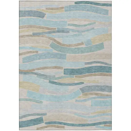 Teal Blue And Silver Striped Washable Indoor Outdoor Area Rug Photo 2
