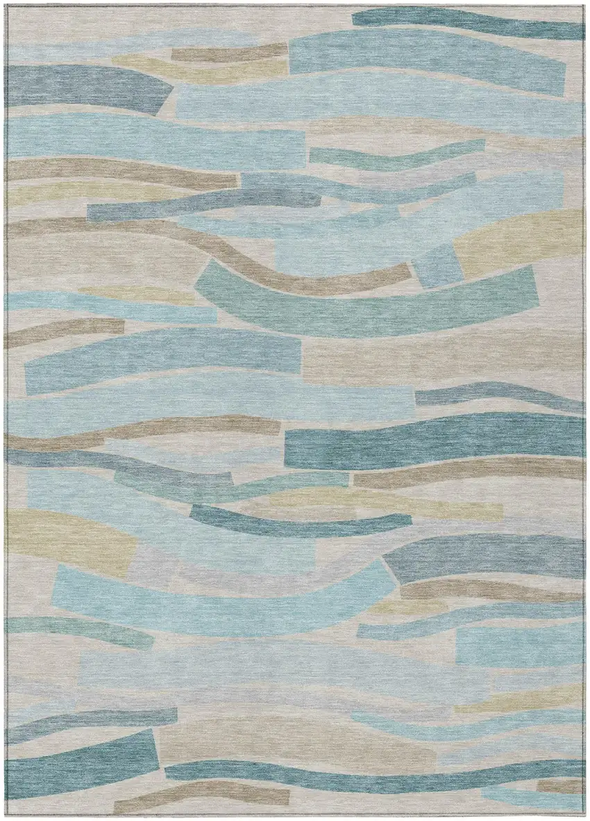 Teal Blue And Silver Striped Washable Indoor Outdoor Area Rug Photo 2