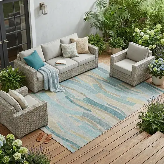 Teal Blue And Silver Striped Washable Indoor Outdoor Area Rug Photo 1