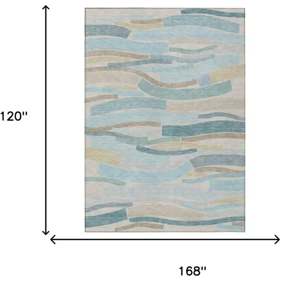 Teal Blue And Silver Striped Washable Indoor Outdoor Area Rug Photo 5