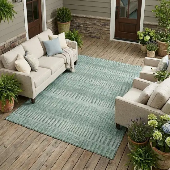 Teal Blue And Silver Striped Washable Indoor Outdoor Area Rug Photo 1
