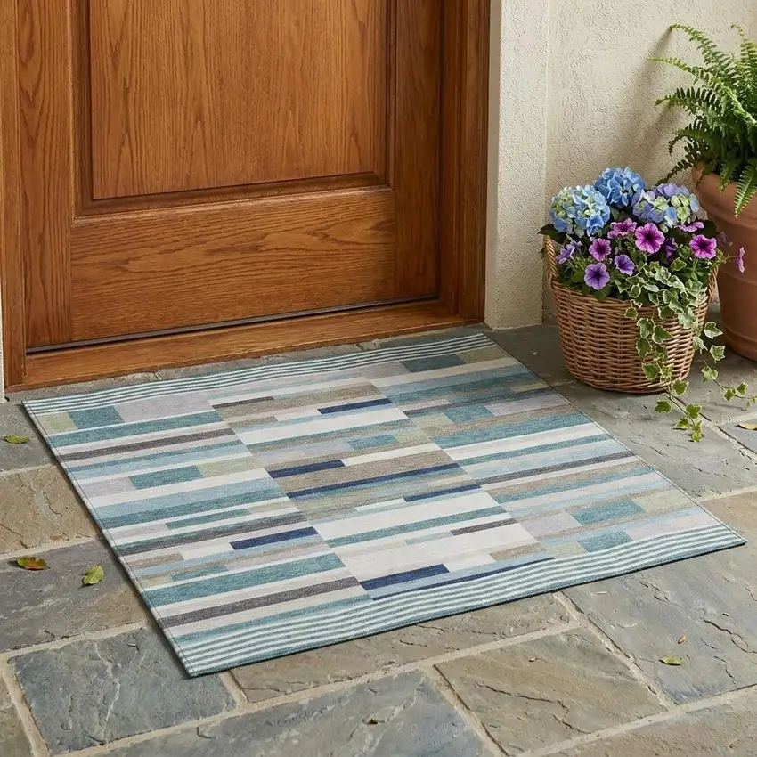 Teal Blue And Silver Striped Washable Indoor Outdoor Area Rug Photo 1