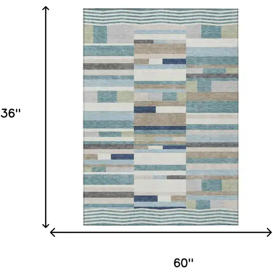 Teal Blue And Silver Striped Washable Indoor Outdoor Area Rug Photo 5