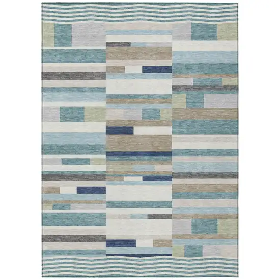 Teal Blue And Silver Striped Washable Indoor Outdoor Area Rug Photo 2
