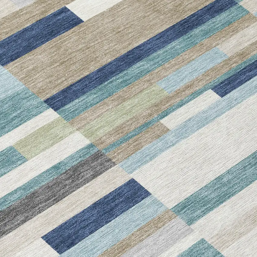 Teal Blue And Silver Striped Washable Indoor Outdoor Area Rug Photo 4