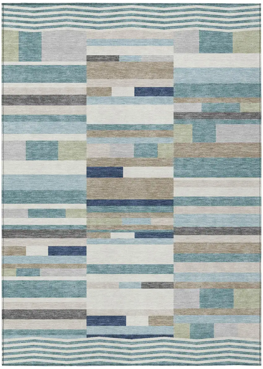 Teal Blue And Silver Striped Washable Indoor Outdoor Area Rug Photo 2