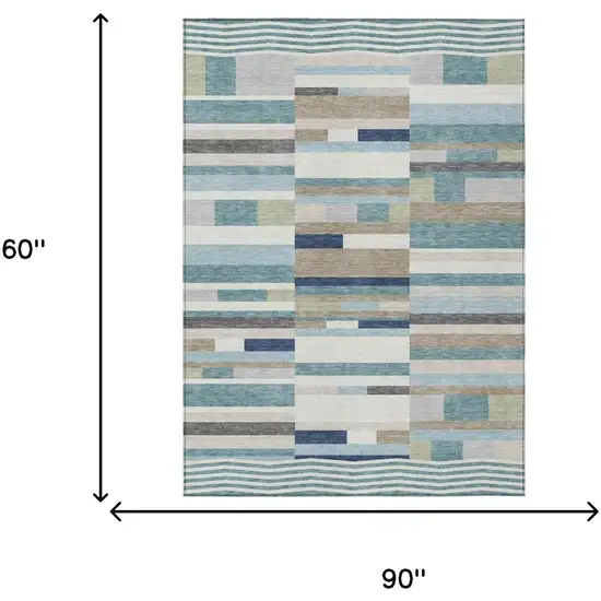 Teal Blue And Silver Striped Washable Indoor Outdoor Area Rug Photo 5