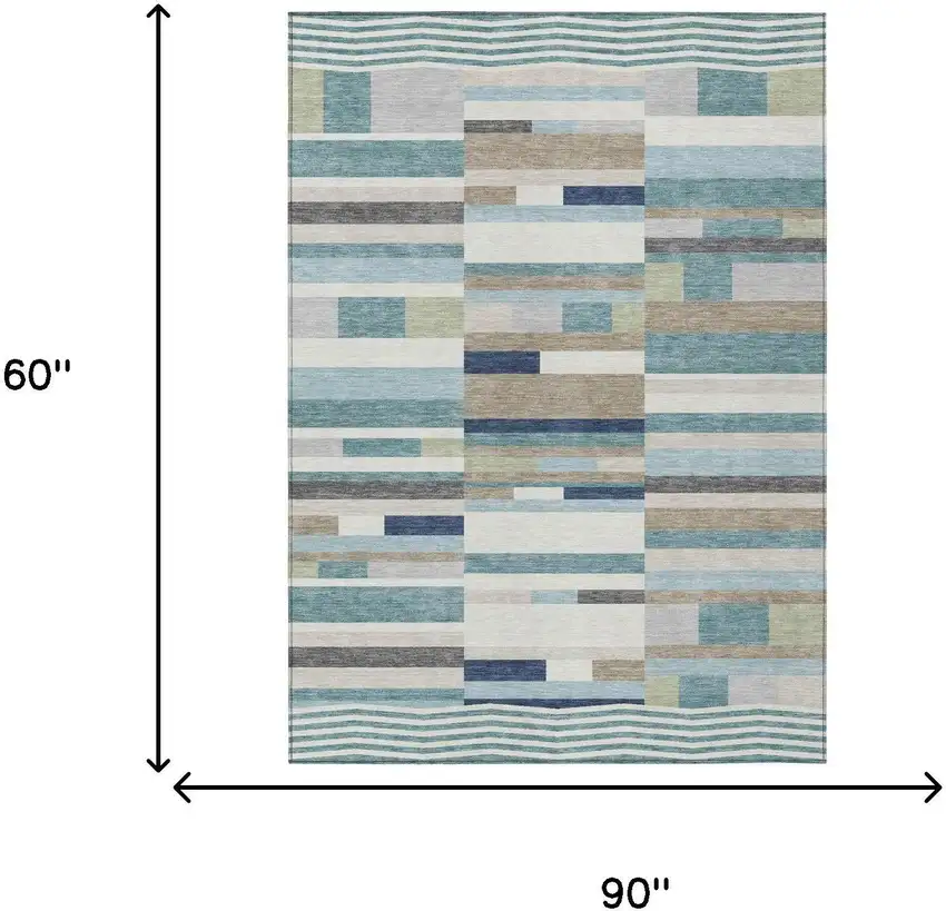 Teal Blue And Silver Striped Washable Indoor Outdoor Area Rug Photo 5